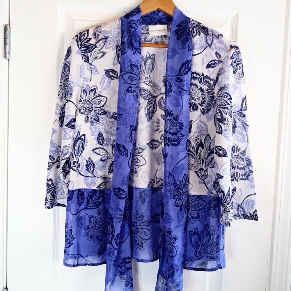 Alfred Dunner Blue Floral Semi-Sheer Knit Cardigan